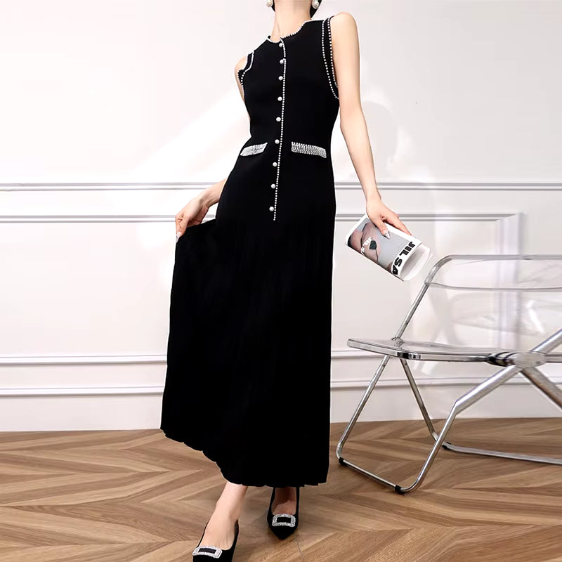 Fashion Beadings Slim Knitted Black Dress Women Summer New O-Neck Sleeveless Long Dresses Lady Commuter Clothes