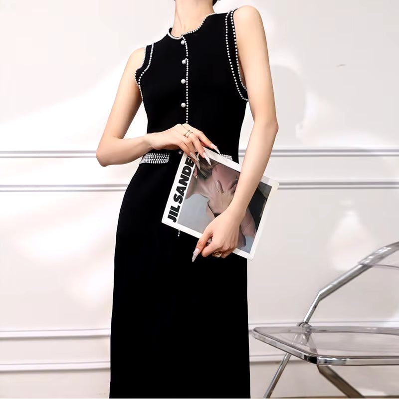 Fashion Beadings Slim Knitted Black Dress Women Summer New O-Neck Sleeveless Long Dresses Lady Commuter Clothes