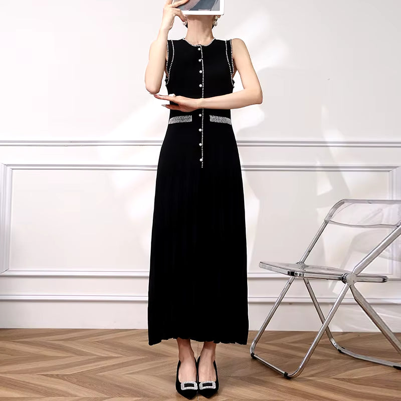 Fashion Beadings Slim Knitted Black Dress Women Summer New O-Neck Sleeveless Long Dresses Lady Commuter Clothes